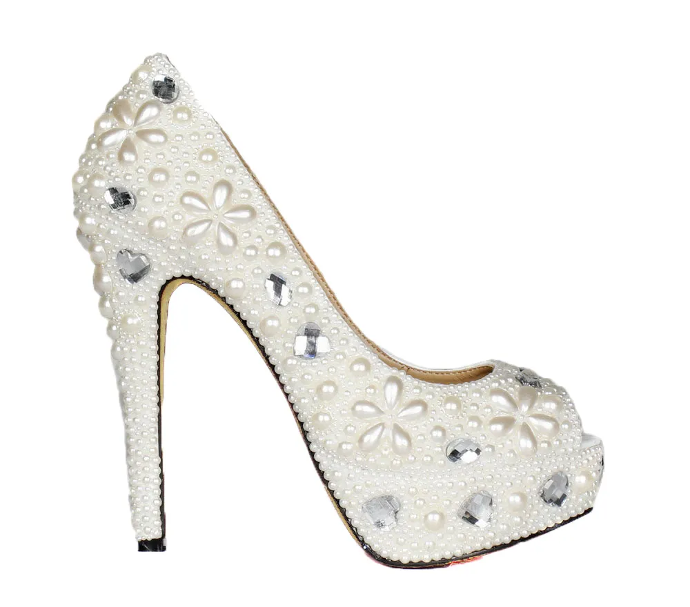 14CM High Heels Pearl Peep Toe Shoes Women Wedding Diamond Shoes
