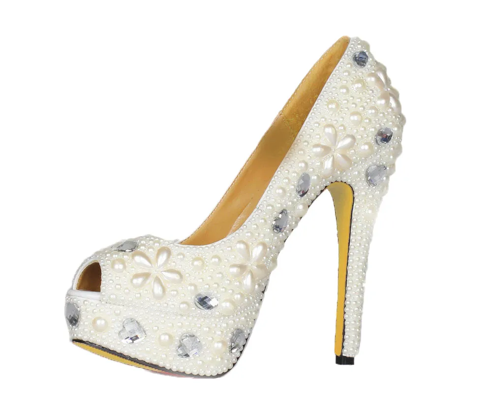 14CM High Heels Pearl Peep Toe Shoes Women Wedding Diamond Shoes