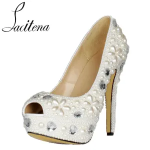 14CM High Heels Pearl Peep Toe Shoes Women Wedding Diamond Shoes