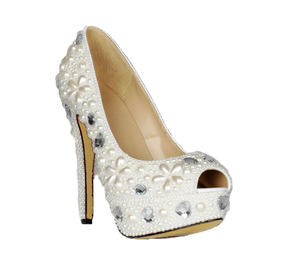 14CM High Heels Pearl Peep Toe Shoes Women Wedding Diamond Shoes