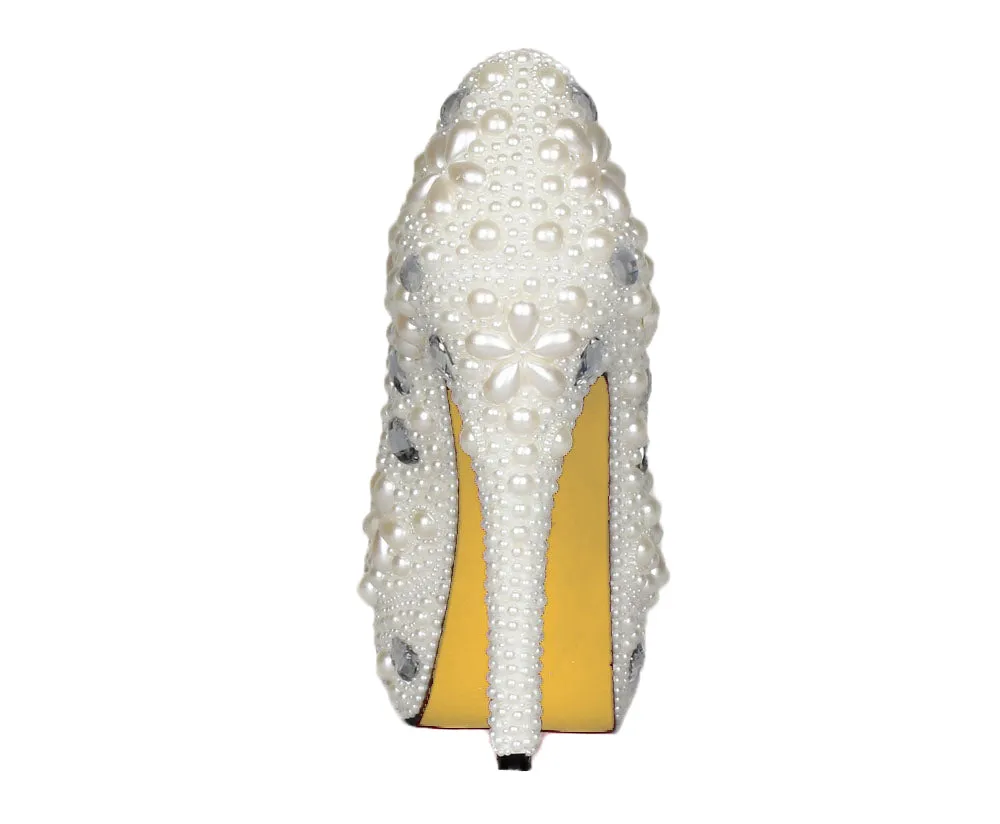 14CM High Heels Pearl Peep Toe Shoes Women Wedding Diamond Shoes