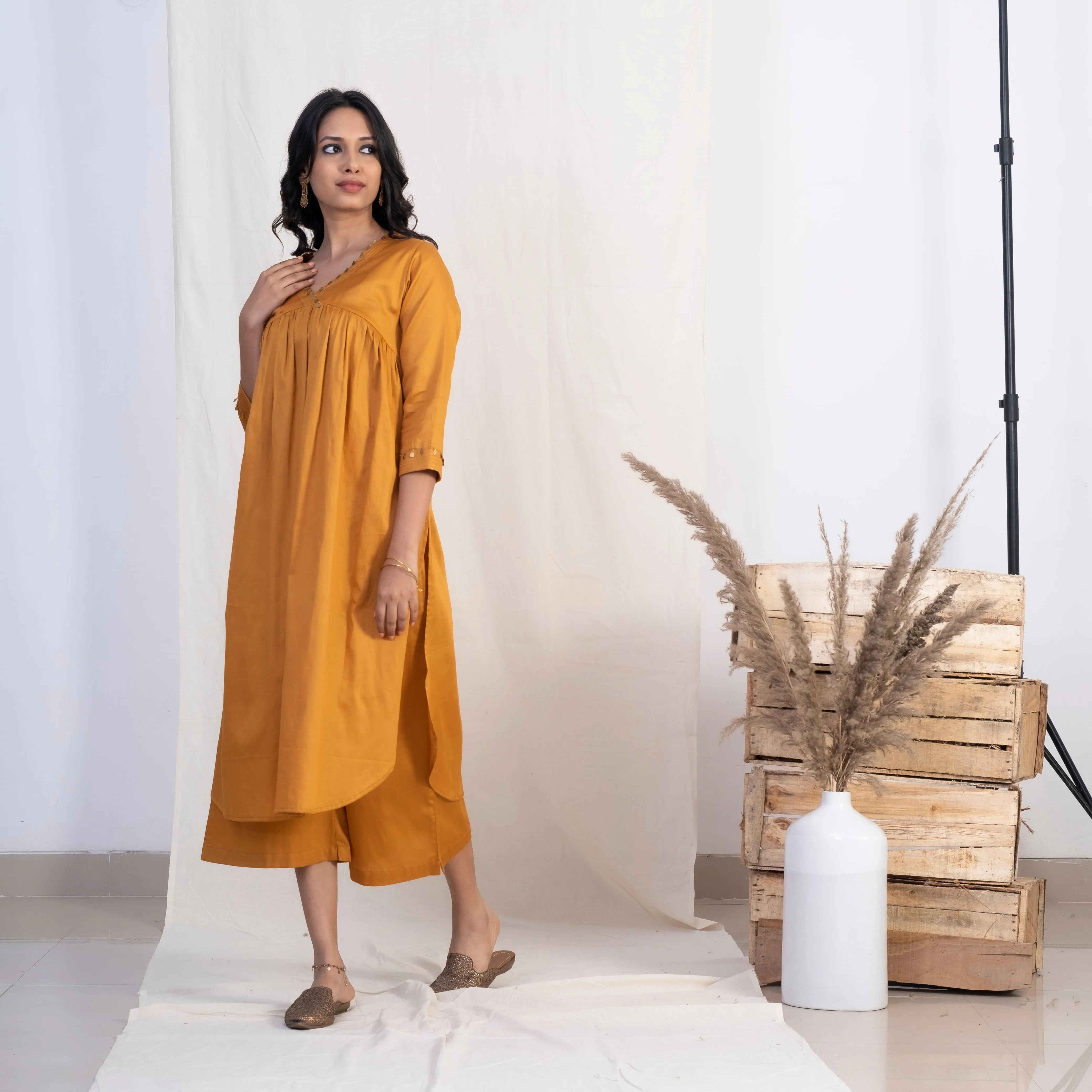 Akiso Gold V Neck Full Pleated Kurta With Palazzo (Set of 2)