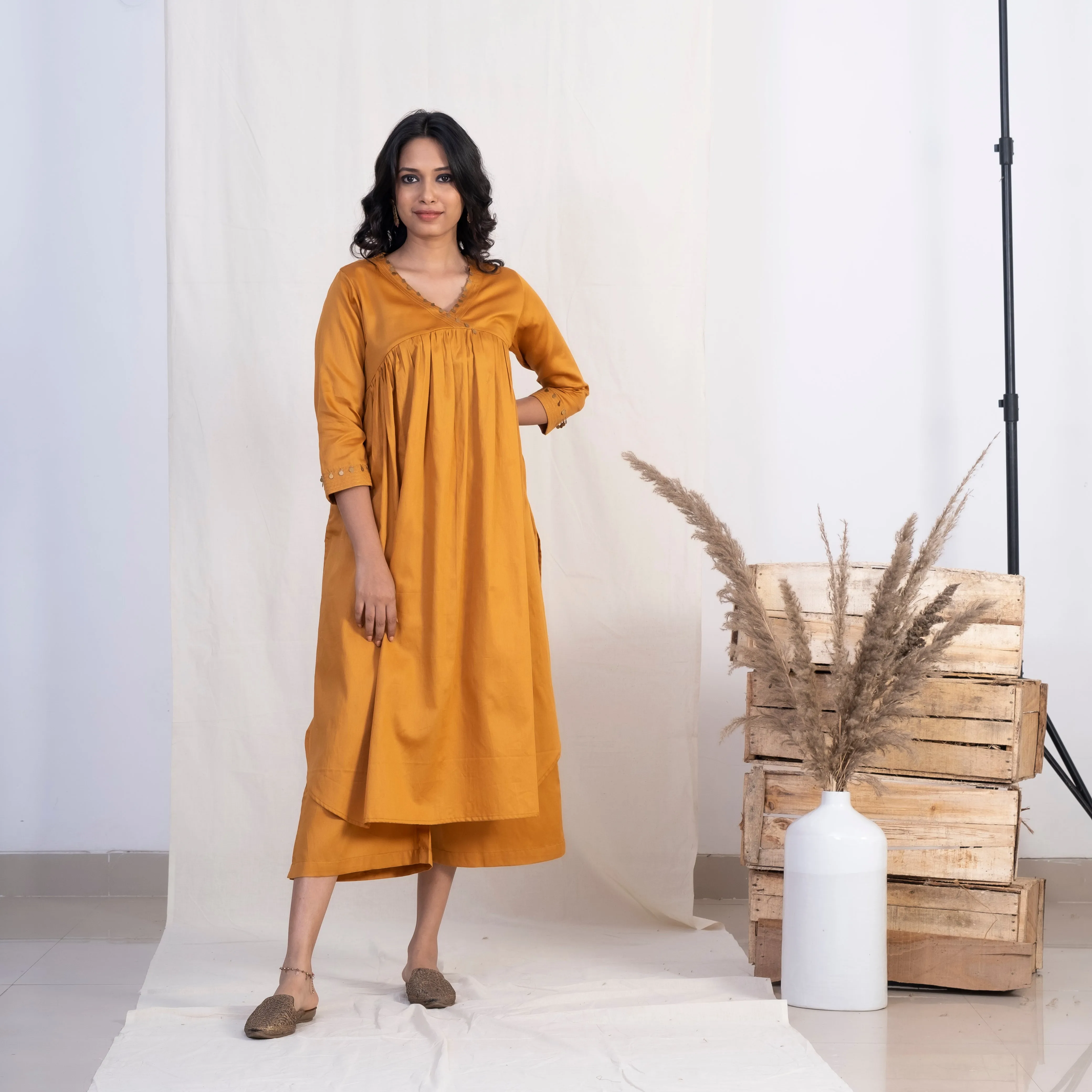 Akiso Gold V Neck Full Pleated Kurta With Palazzo (Set of 2)