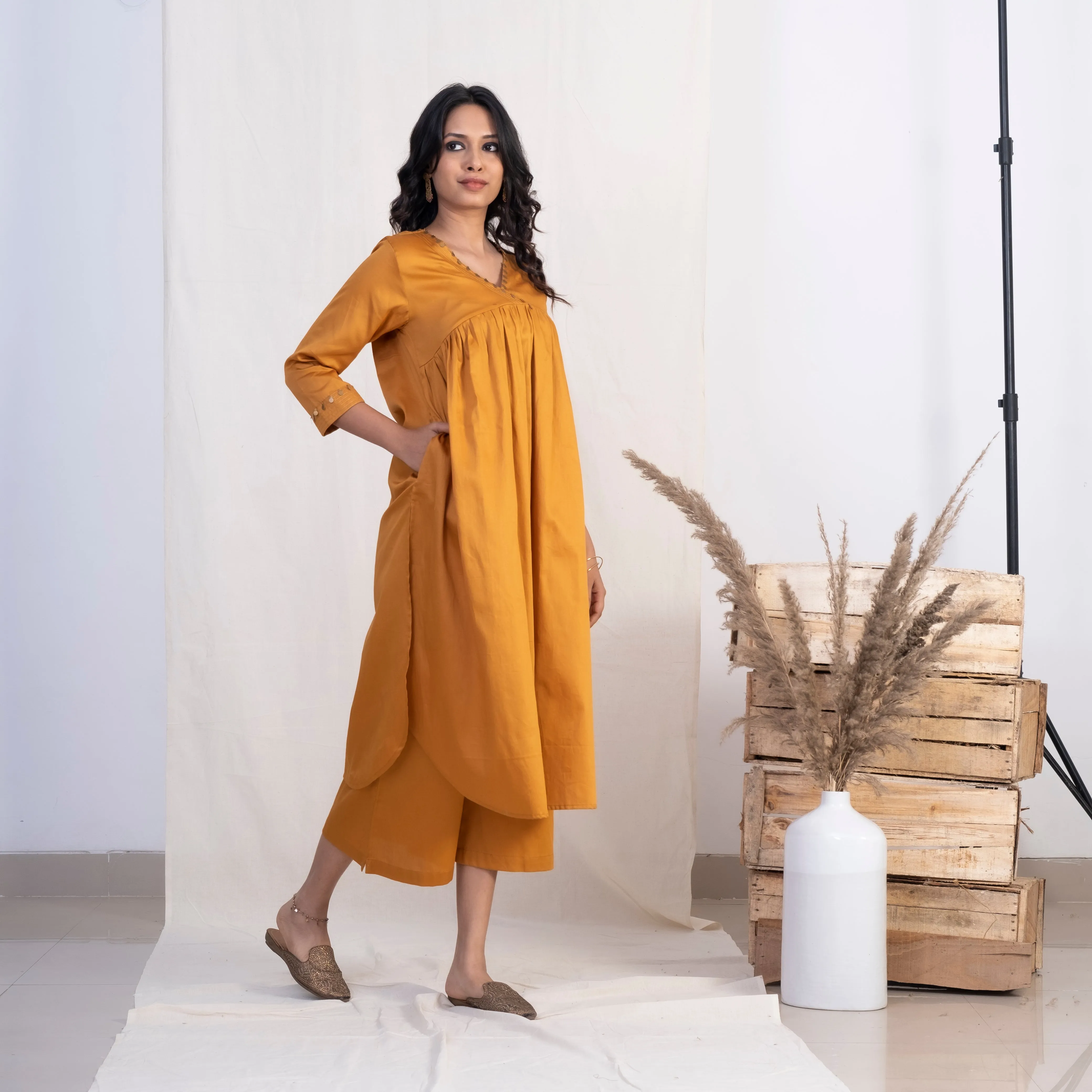 Akiso Gold V Neck Full Pleated Kurta With Palazzo (Set of 2)