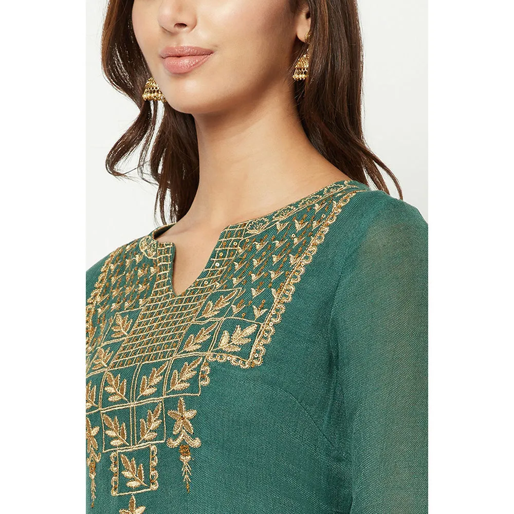 Barara Ethnic Deep Green Embroidered Kurta (Set of 3)