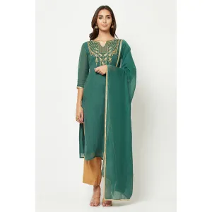 Barara Ethnic Deep Green Embroidered Kurta (Set of 3)