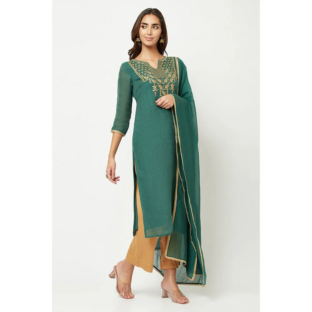 Barara Ethnic Deep Green Embroidered Kurta (Set of 3)