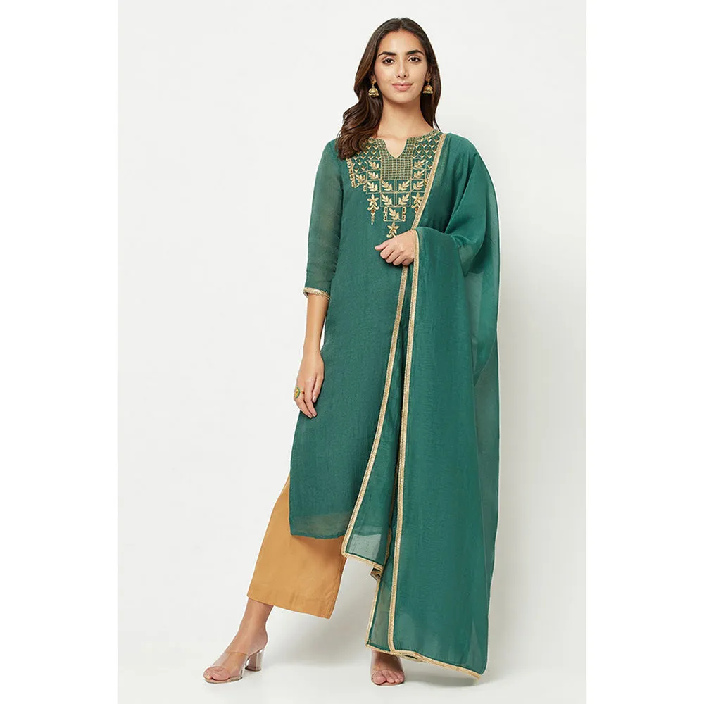 Barara Ethnic Deep Green Embroidered Kurta (Set of 3)