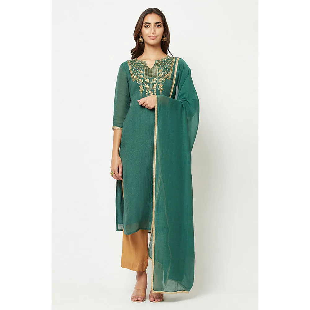 Barara Ethnic Deep Green Embroidered Kurta (Set of 3)