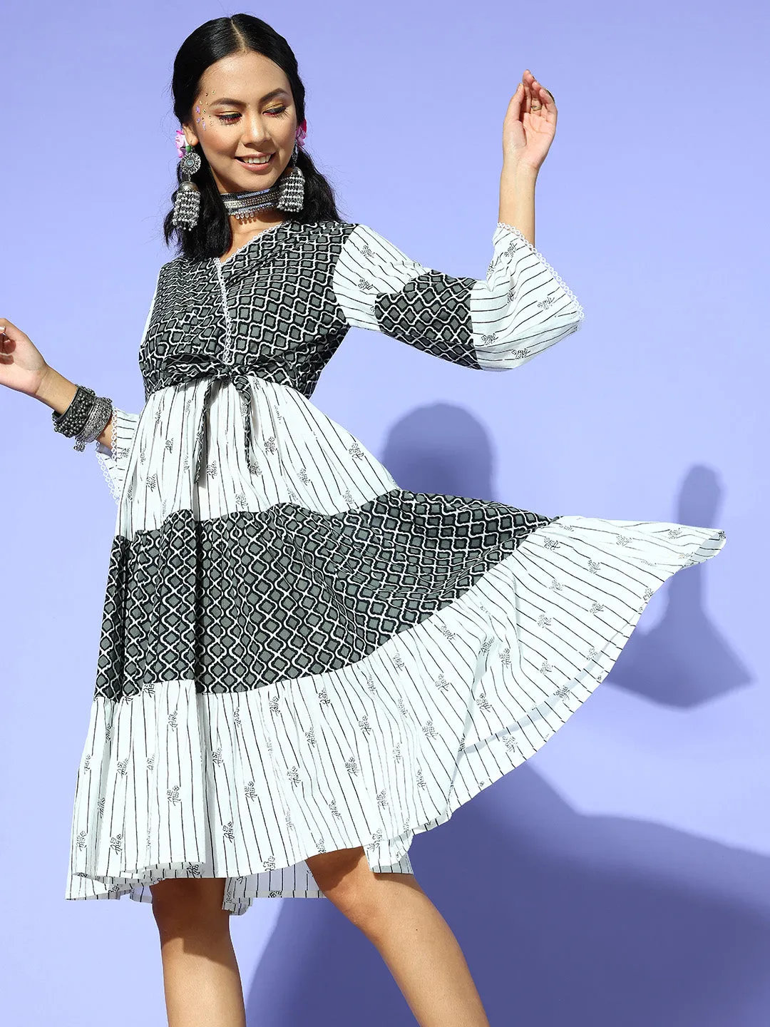 Black Ethnic Motifs Indie Gal Dress