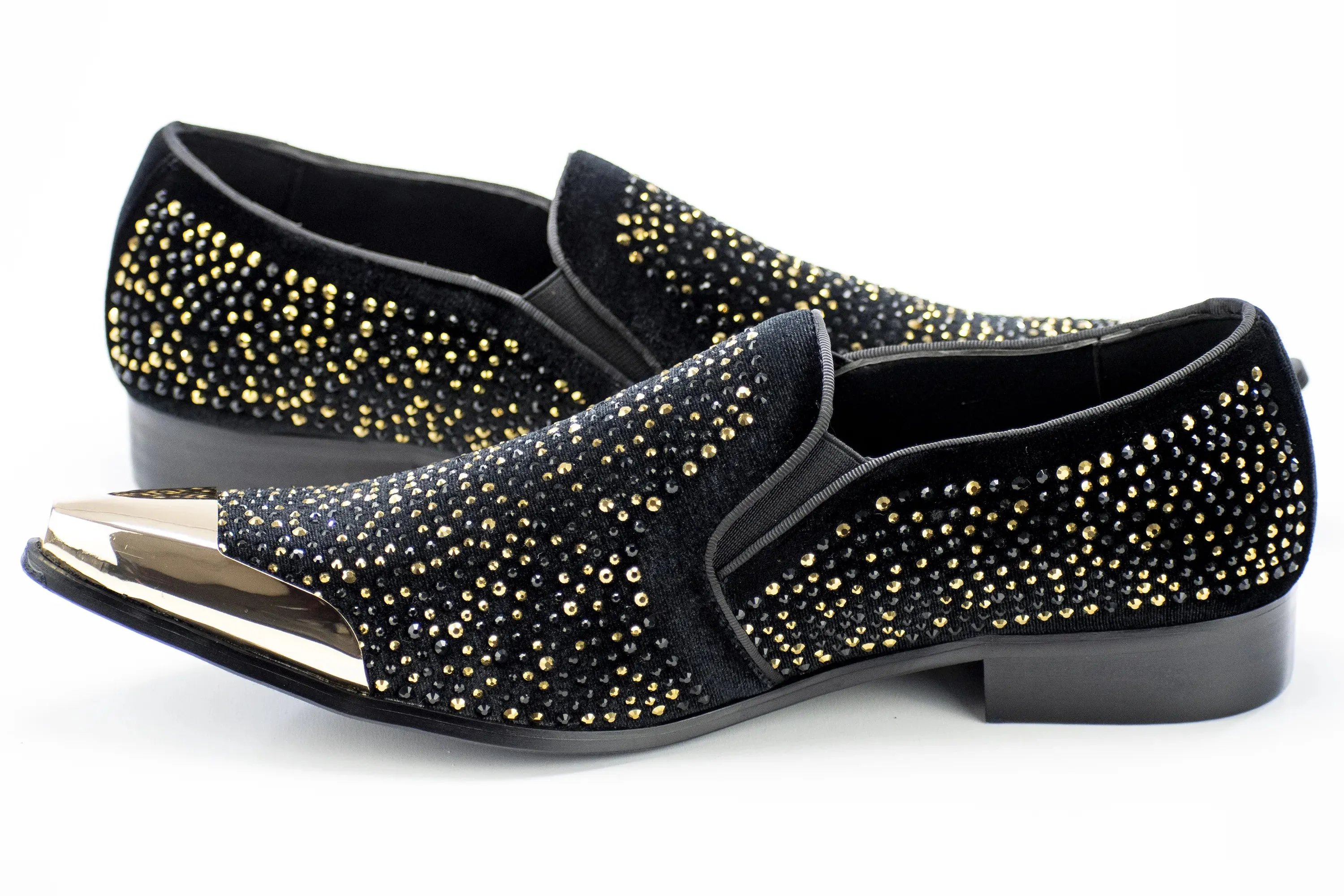 Black Velvet & Gold Jeweled Smoking Loafers With Metal Tip