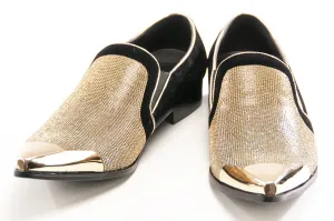 Black Velvet & Gold Rhinestone Smoking Loafers With Metal Tip