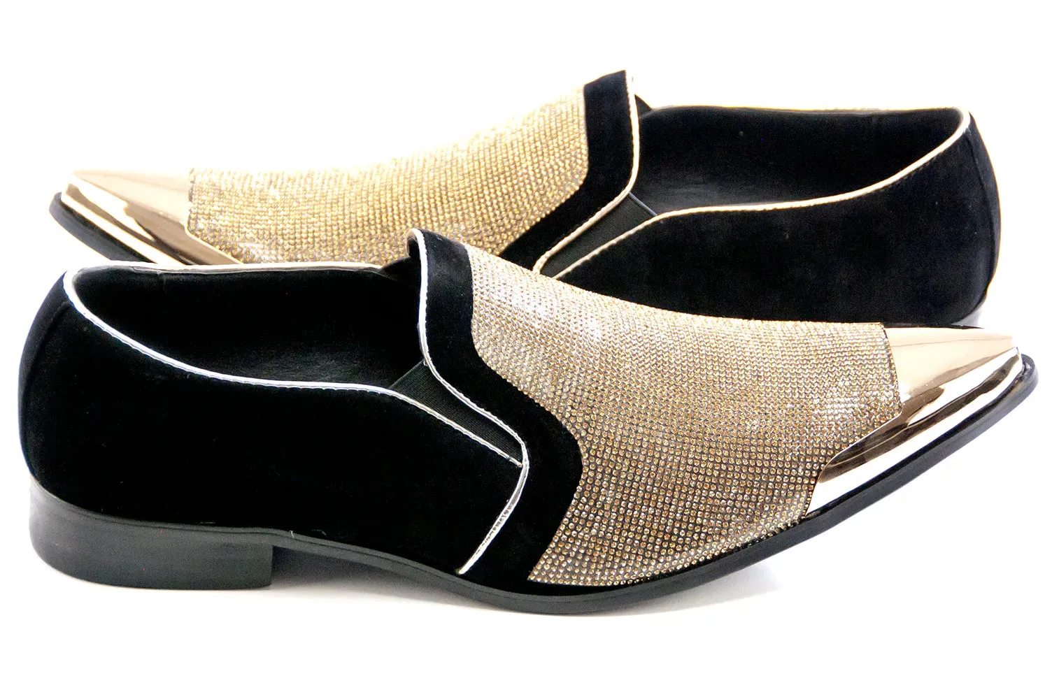 Black Velvet & Gold Rhinestone Smoking Loafers With Metal Tip