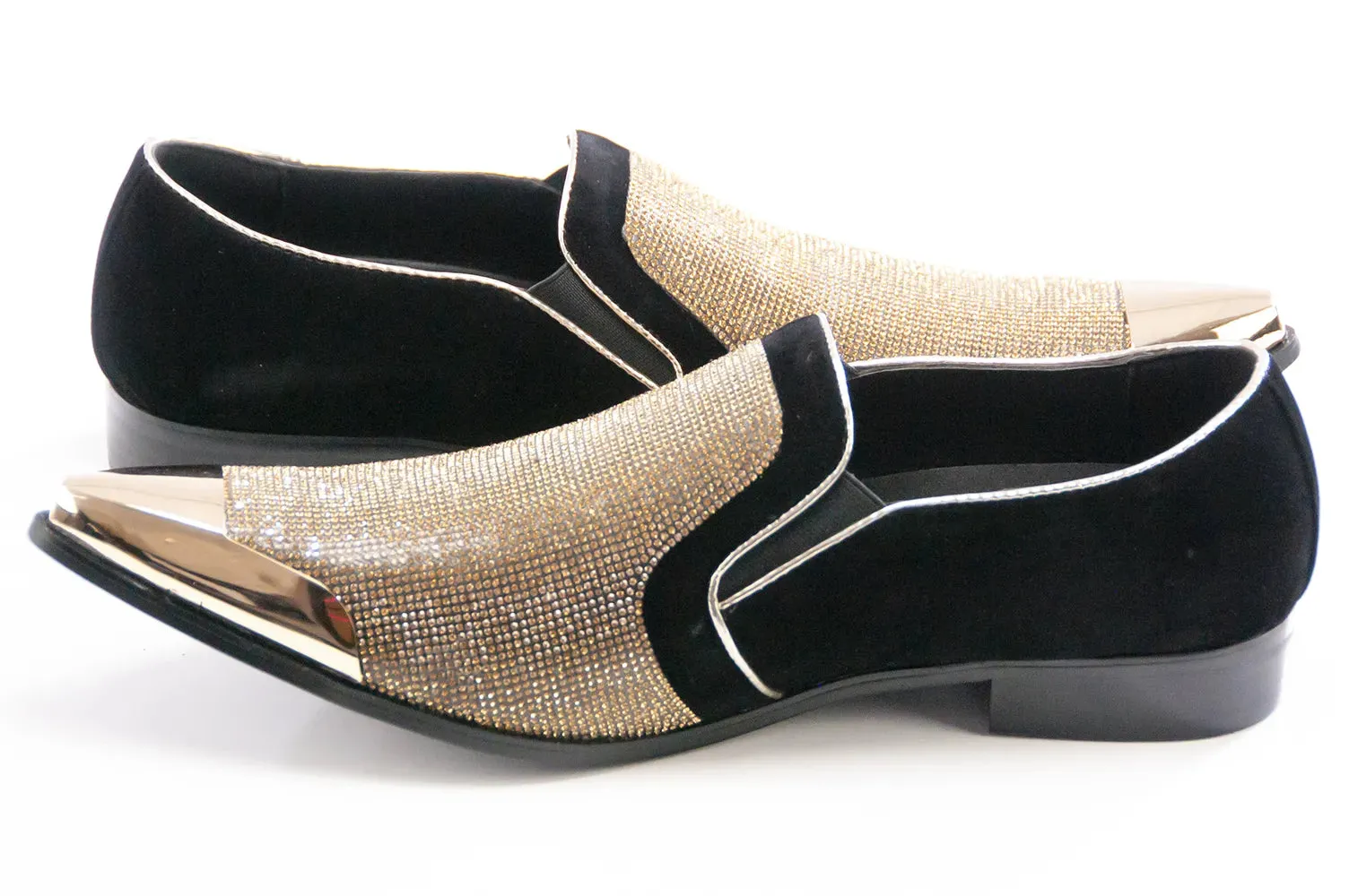 Black Velvet & Gold Rhinestone Smoking Loafers With Metal Tip
