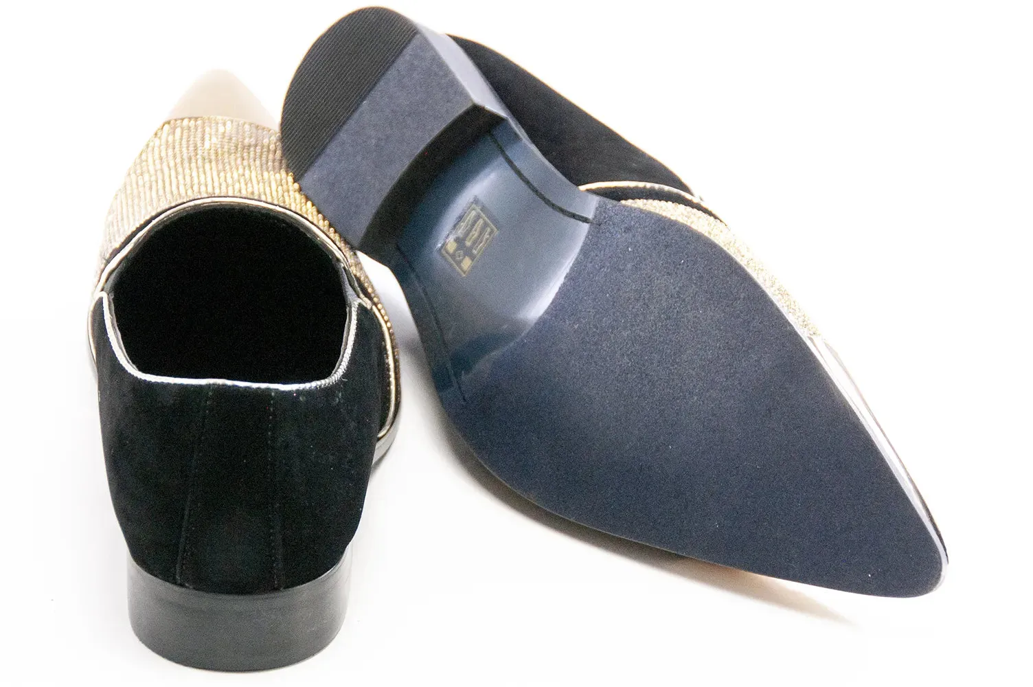 Black Velvet & Gold Rhinestone Smoking Loafers With Metal Tip
