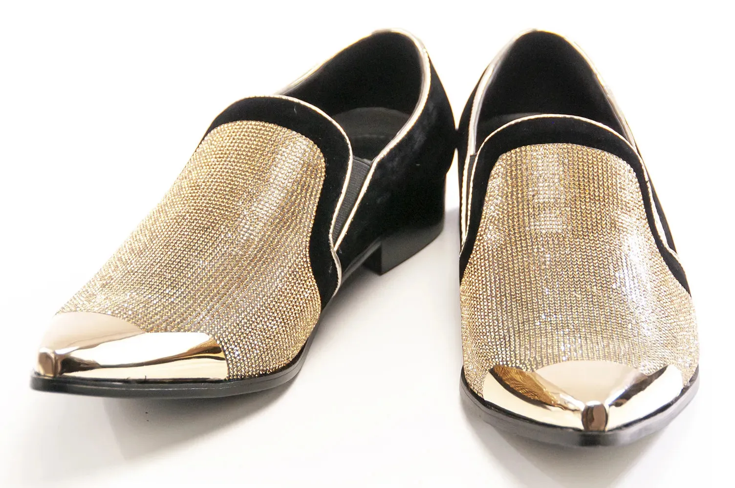 Black Velvet & Gold Rhinestone Smoking Loafers With Metal Tip