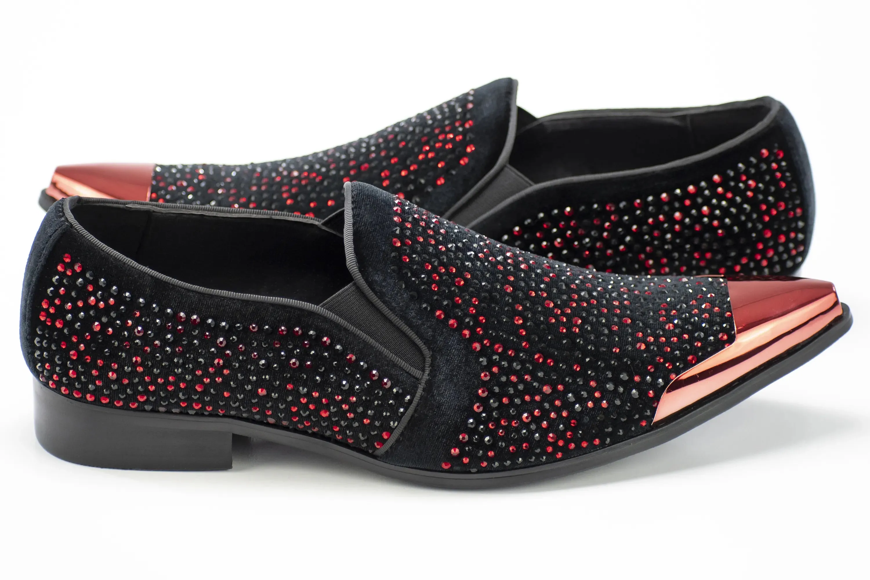 Black Velvet & Red Jeweled Smoking Loafers With Metal Tip