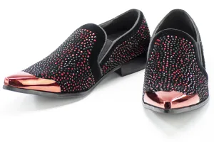 Black Velvet & Red Jeweled Smoking Loafers With Metal Tip