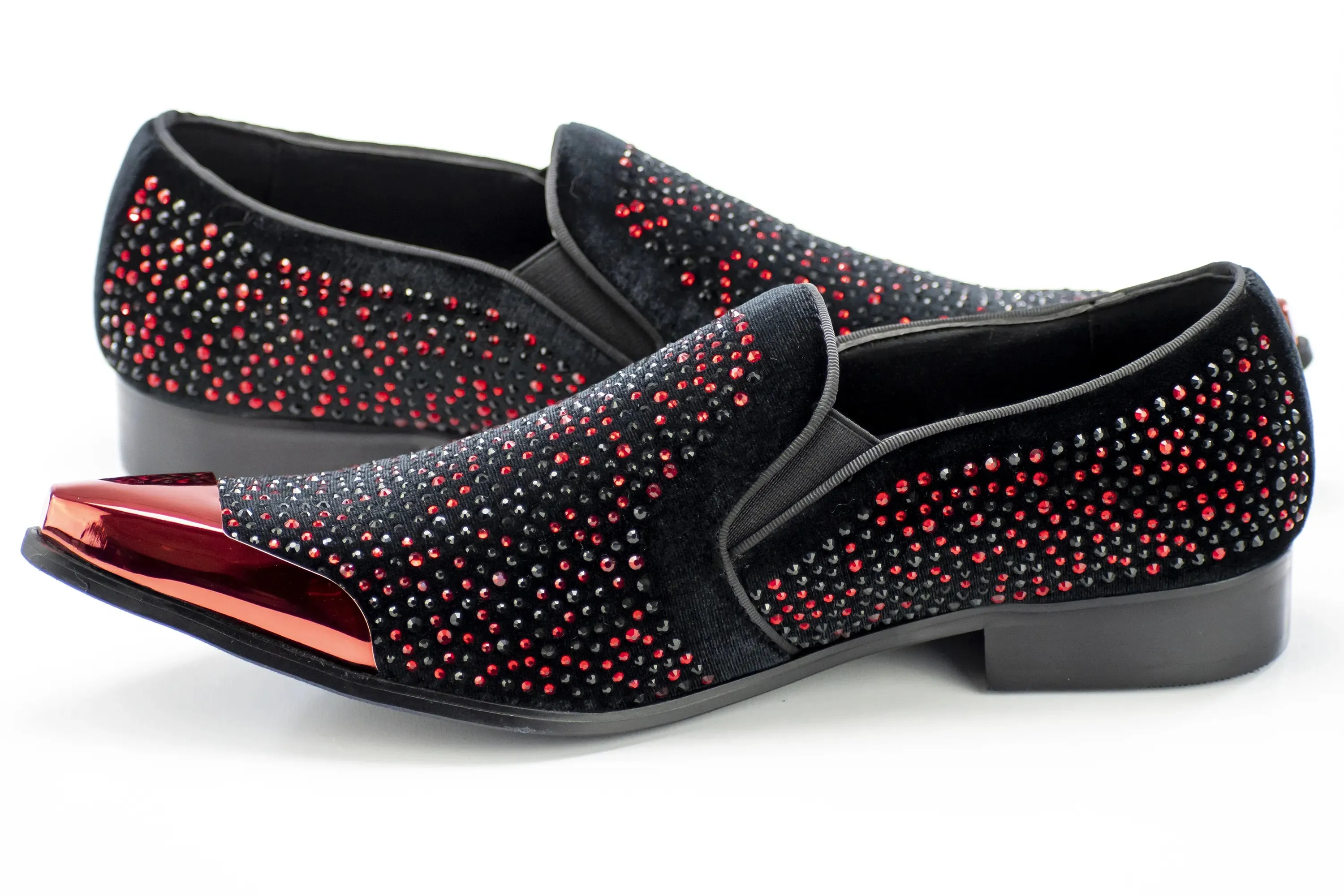 Black Velvet & Red Jeweled Smoking Loafers With Metal Tip