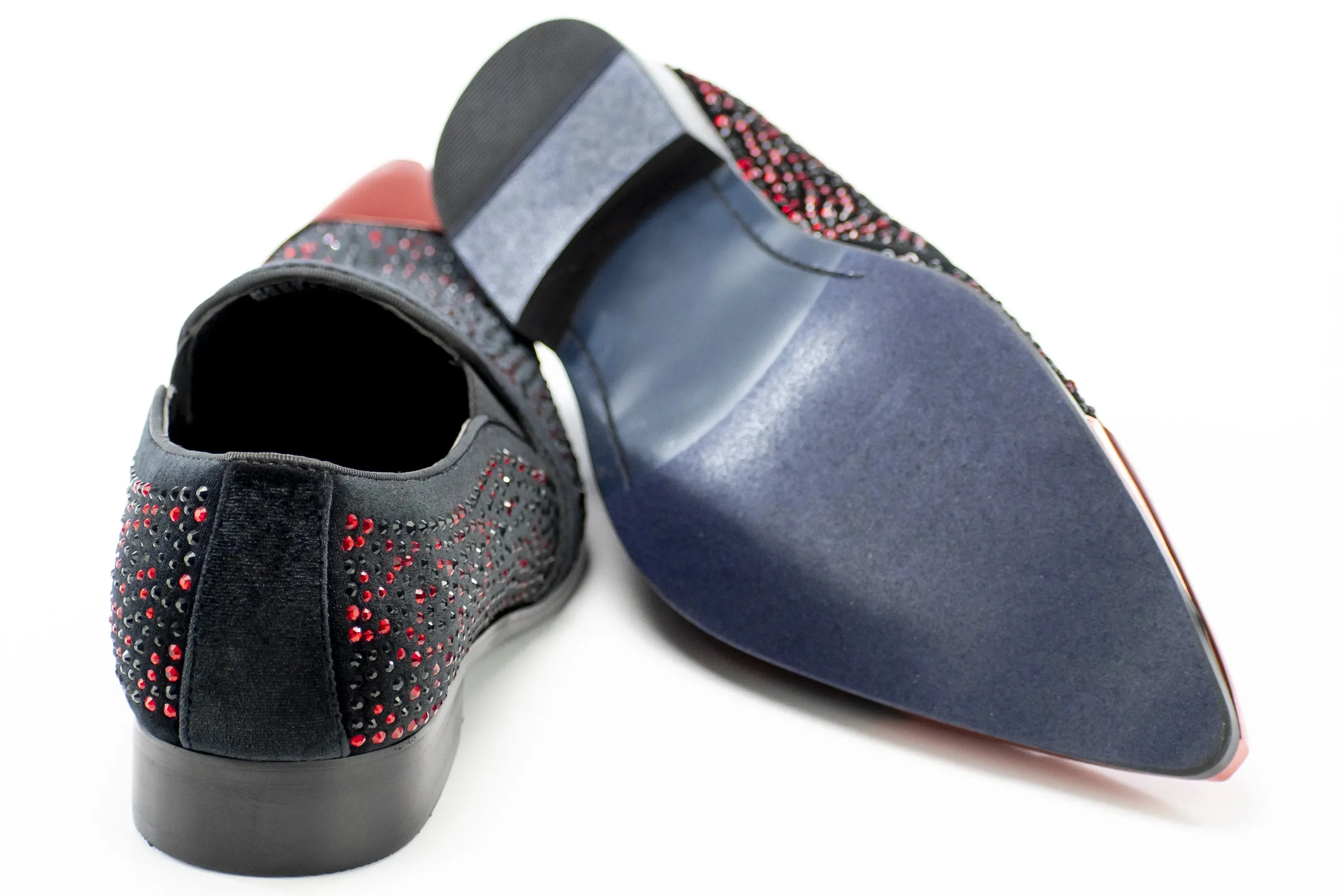 Black Velvet & Red Jeweled Smoking Loafers With Metal Tip