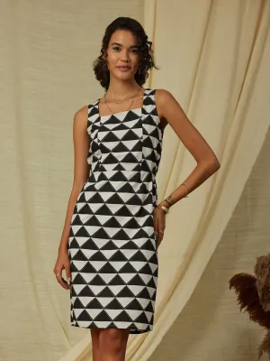 Cotton Poplin Geometric Print Dress - Black & Cream