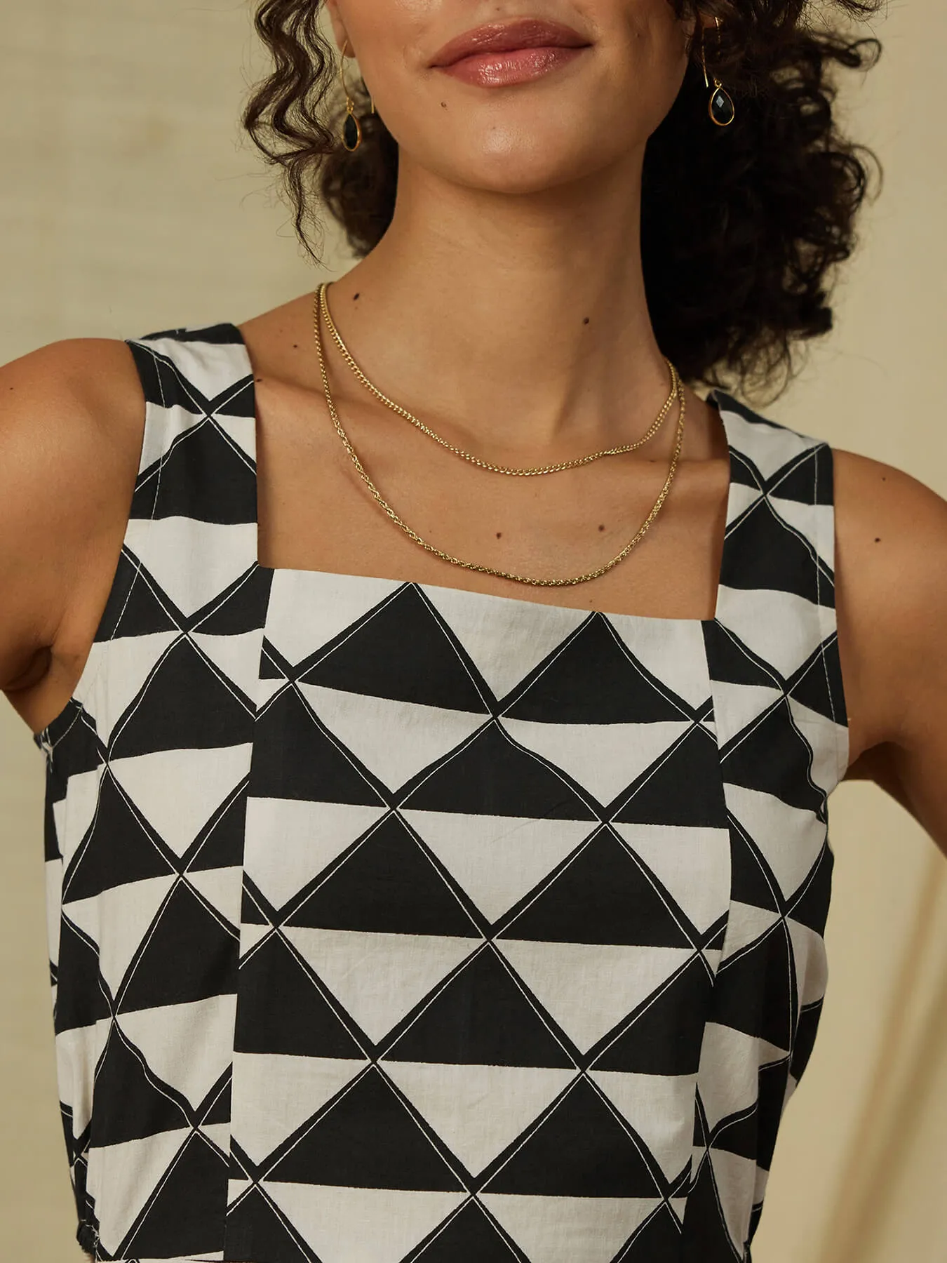 Cotton Poplin Geometric Print Dress - Black & Cream
