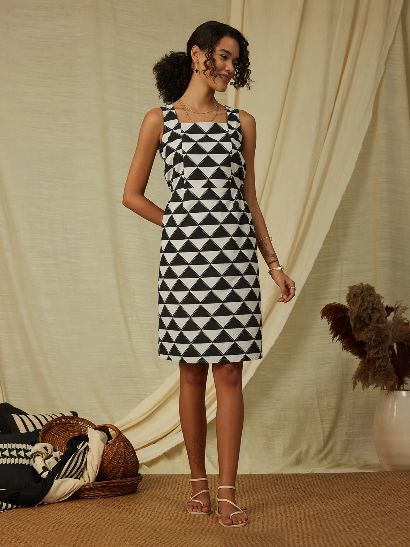 Cotton Poplin Geometric Print Dress - Black & Cream
