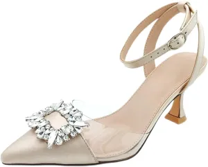 Fashion Rhinstone Clear Kitten Heels Wedding Low Heel Slingback Adjustable Strap Sandals