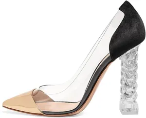 FSJ Women Golden Block High Heel Clear Pump Pointed Toe Slip On Fashion Dress Party Evening Ladies Shoes