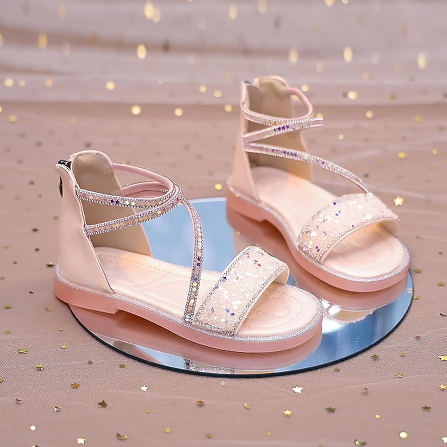 Girls Gladiator Flat Wide Sandals Sequins Glitter Ankle Open Toe Summer Shoes Kids Elegant Sole Rubber Pageant Shoes