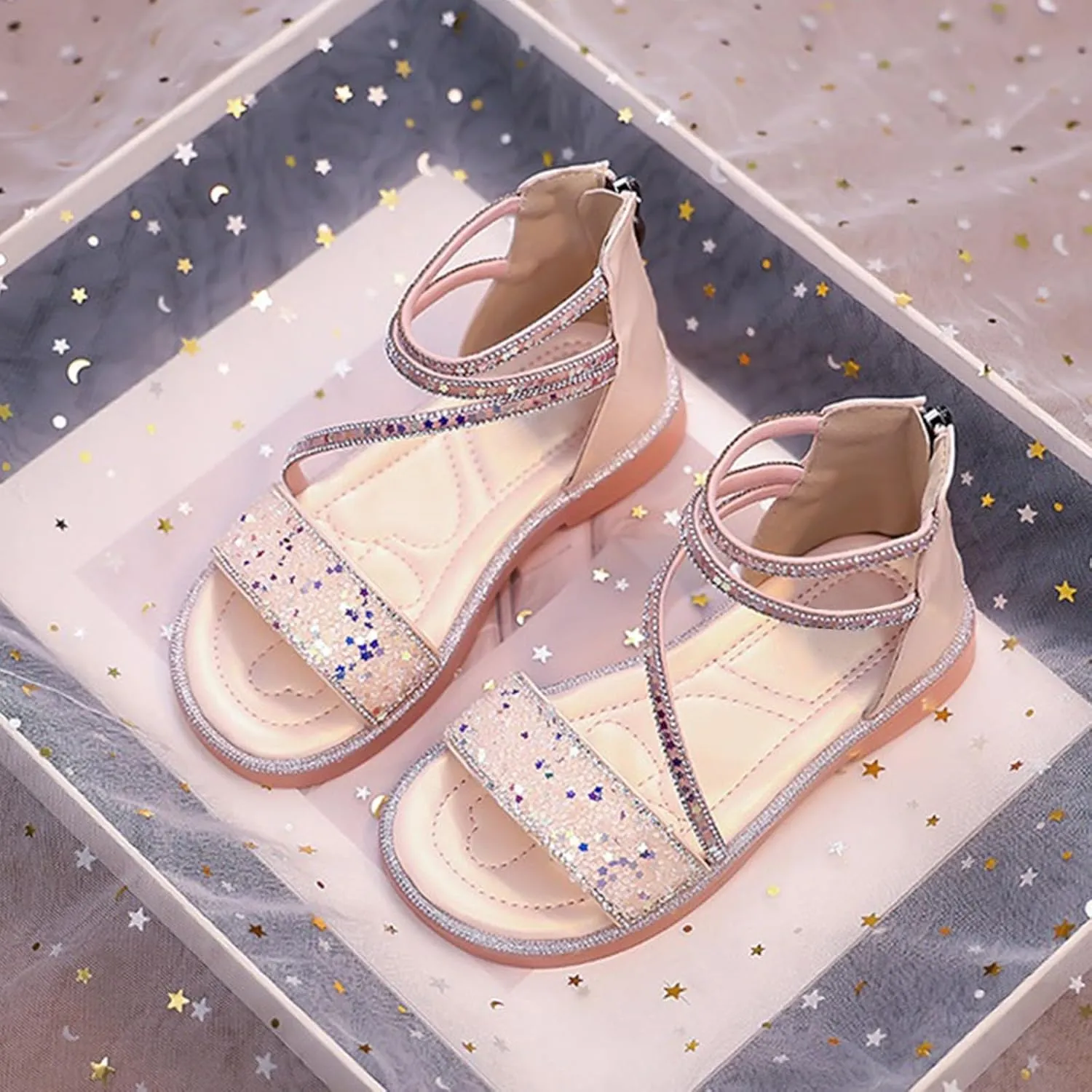 Girls Gladiator Flat Wide Sandals Sequins Glitter Ankle Open Toe Summer Shoes Kids Elegant Sole Rubber Pageant Shoes