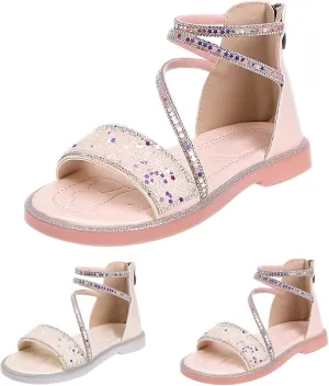 Girls Gladiator Flat Wide Sandals Sequins Glitter Ankle Open Toe Summer Shoes Kids Elegant Sole Rubber Pageant Shoes