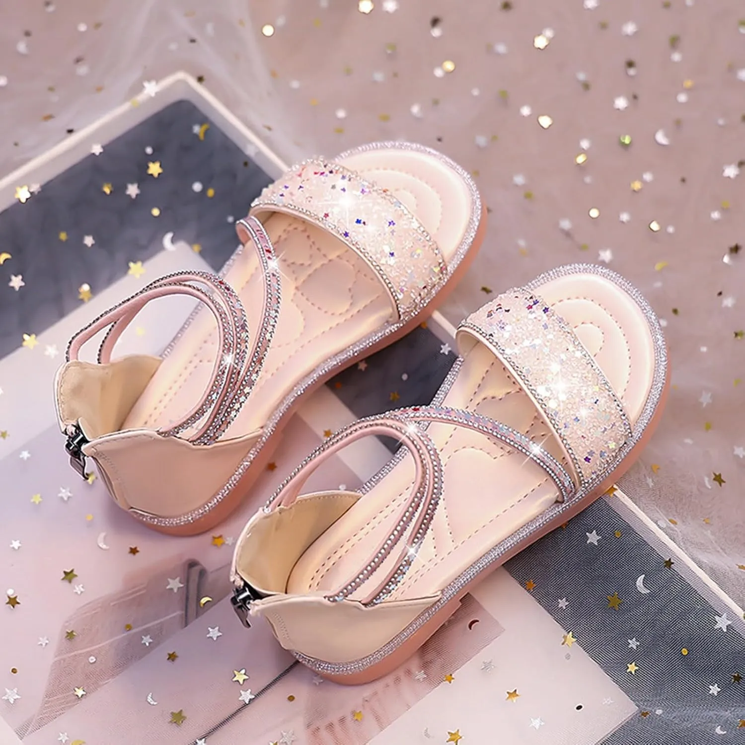 Girls Gladiator Flat Wide Sandals Sequins Glitter Ankle Open Toe Summer Shoes Kids Elegant Sole Rubber Pageant Shoes