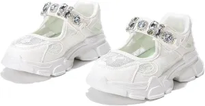 Girls' Mary Jane Sneakers with Crystal Strap, White and Silver, Lace Mesh Design, EVA Cushioned