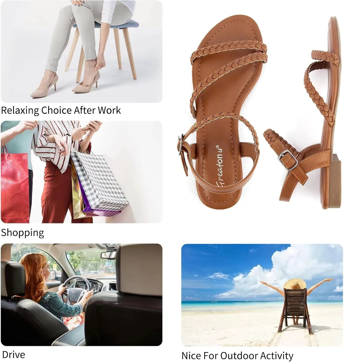 Greatonu Womens Flat Sandals Slip On Summer Gladiator Open Toe Braided Slingback Shoes