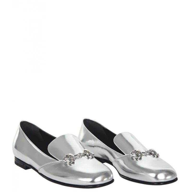 GUCCI METALLIC SILVER HORSEBIT LOAFERS