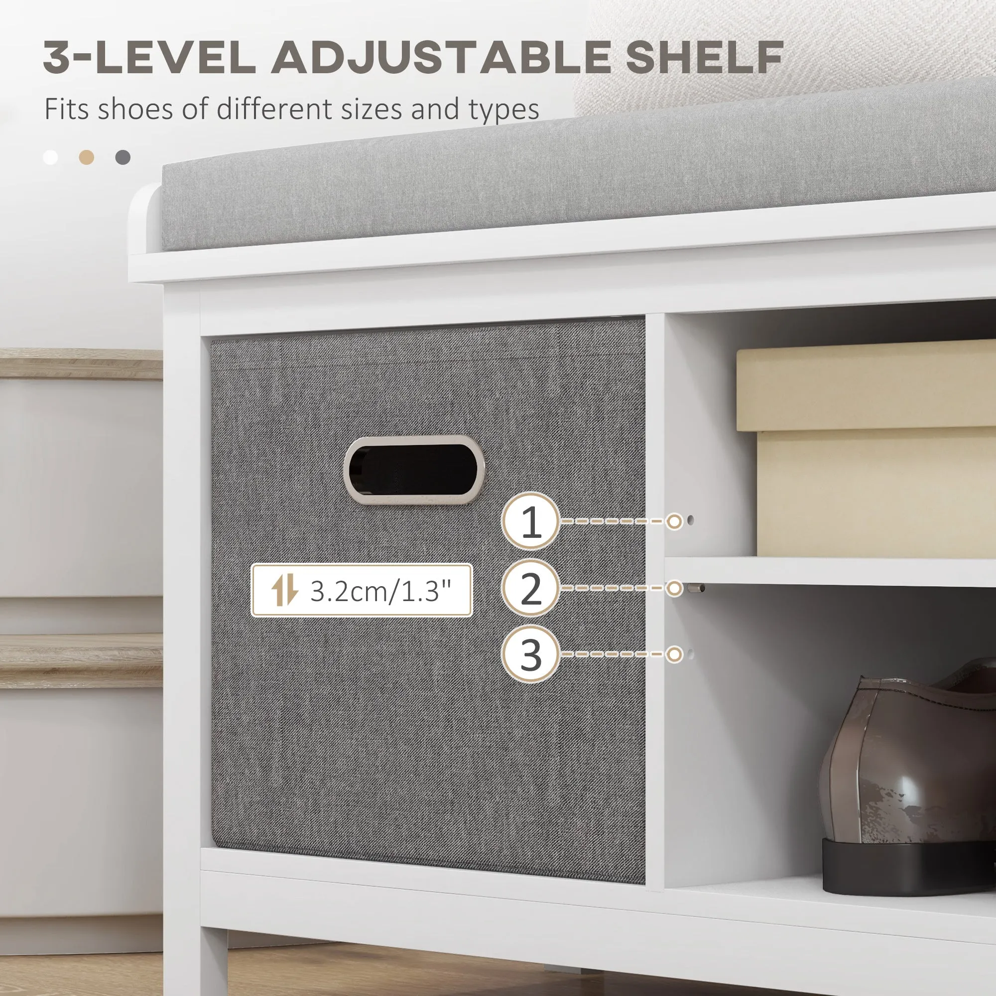 HOMCOM Shoe Bench with Cushioned Seat Fabric Drawers for Entryway Hallway White