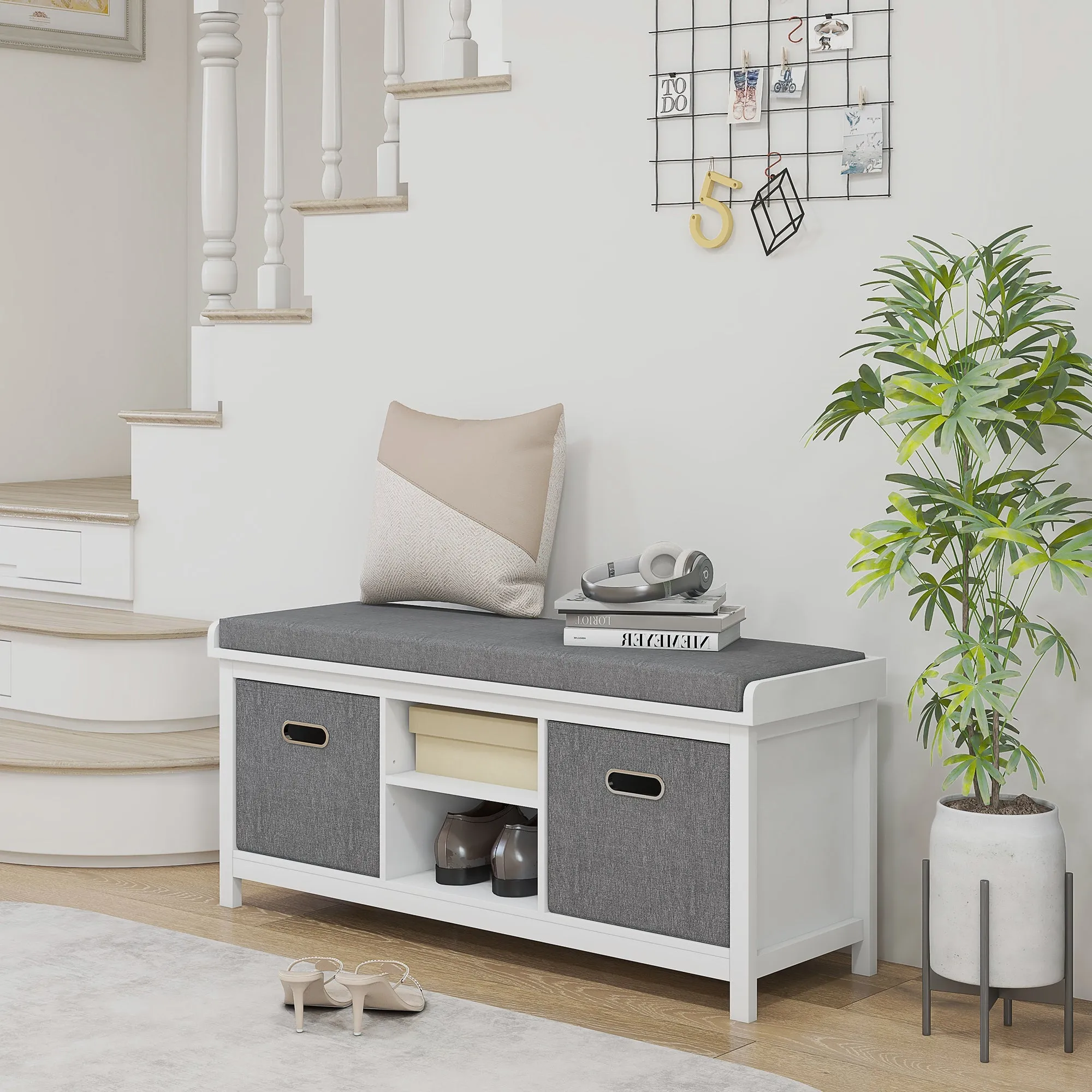 HOMCOM Shoe Bench with Cushioned Seat Fabric Drawers for Entryway Hallway White