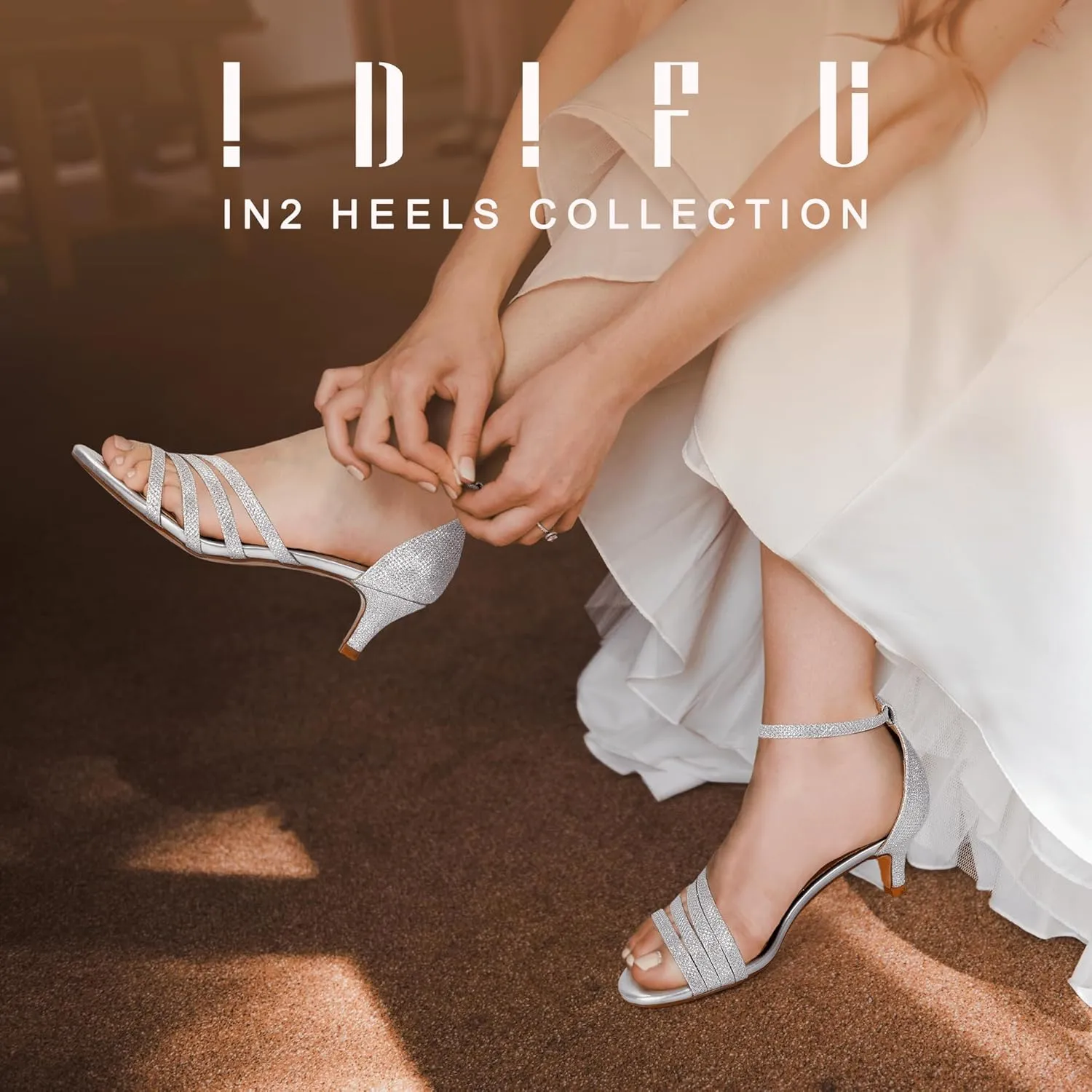 IDIFU Women's Low Kitten Strappy Sandals Heels Open Toe Ankle Strap Bridal Dress Wedding Shoes For Women