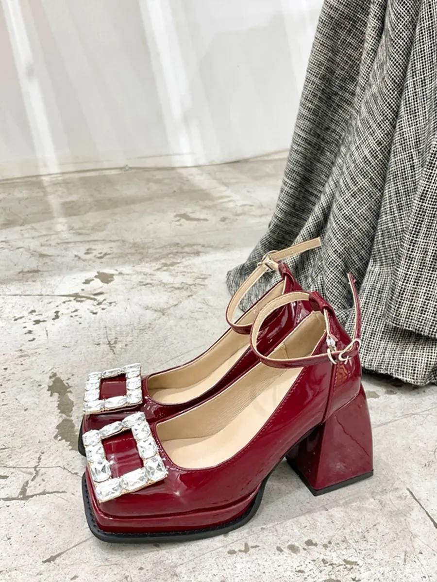 Light Crystal Embellished Square Toe Mary Jane Heels Shoes