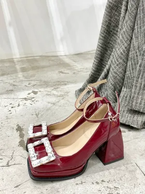 Light Crystal Embellished Square Toe Mary Jane Heels Shoes