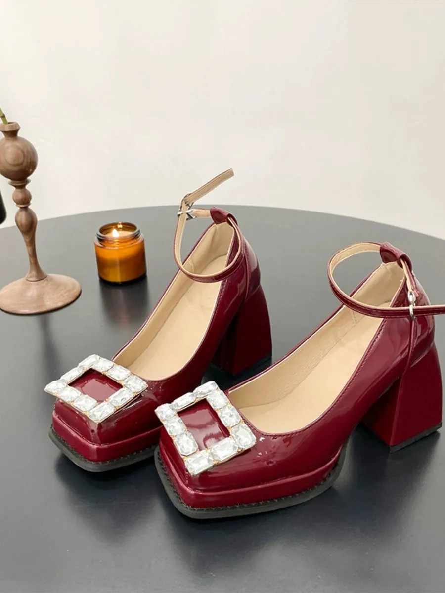 Light Crystal Embellished Square Toe Mary Jane Heels Shoes