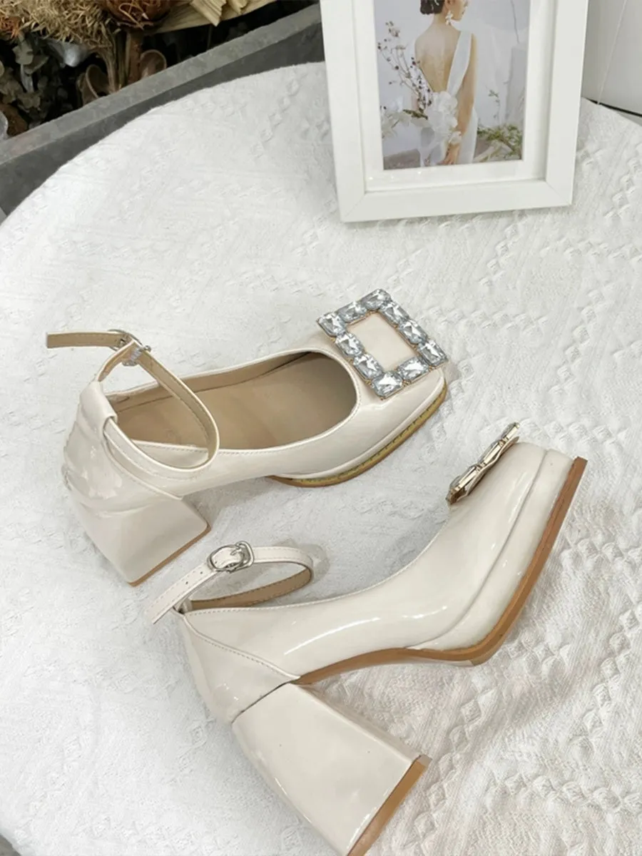 Light Crystal Embellished Square Toe Mary Jane Heels Shoes