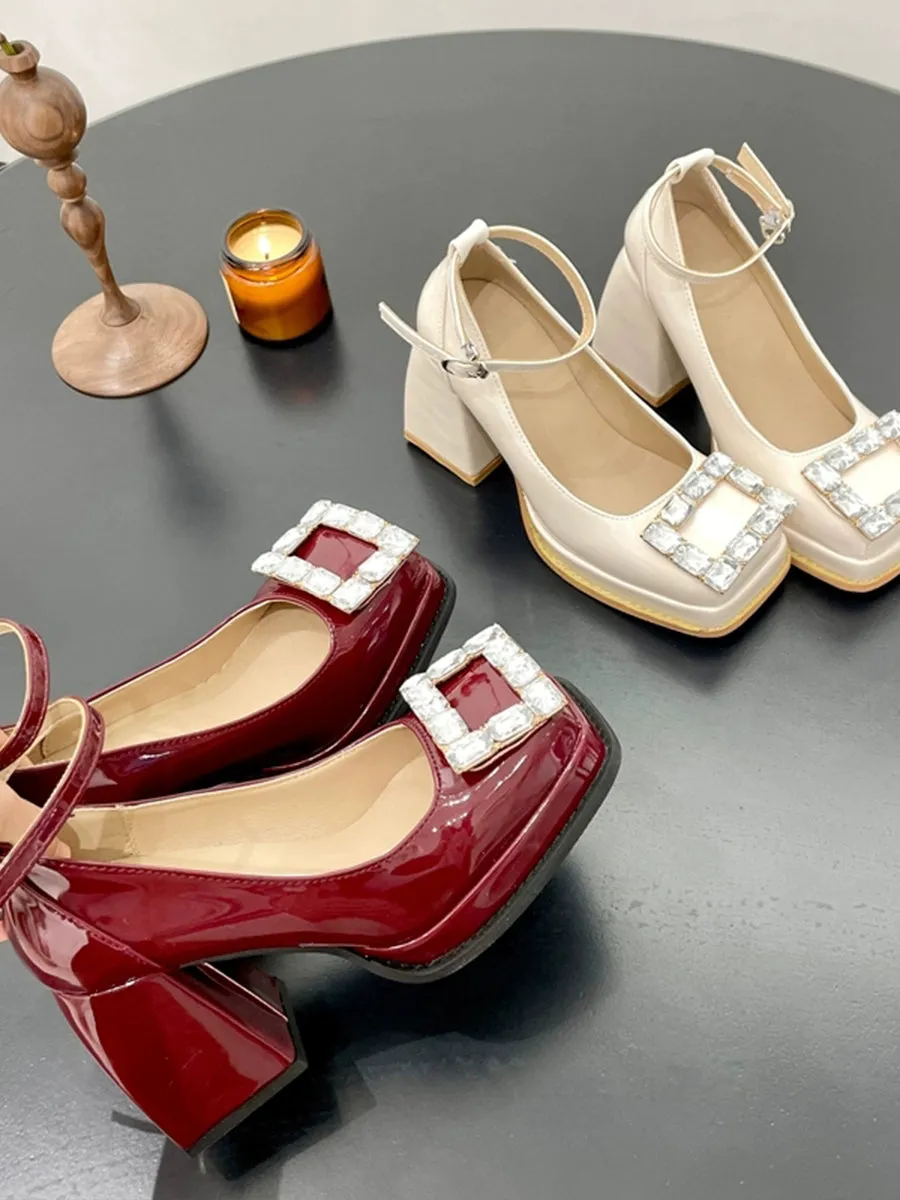 Light Crystal Embellished Square Toe Mary Jane Heels Shoes