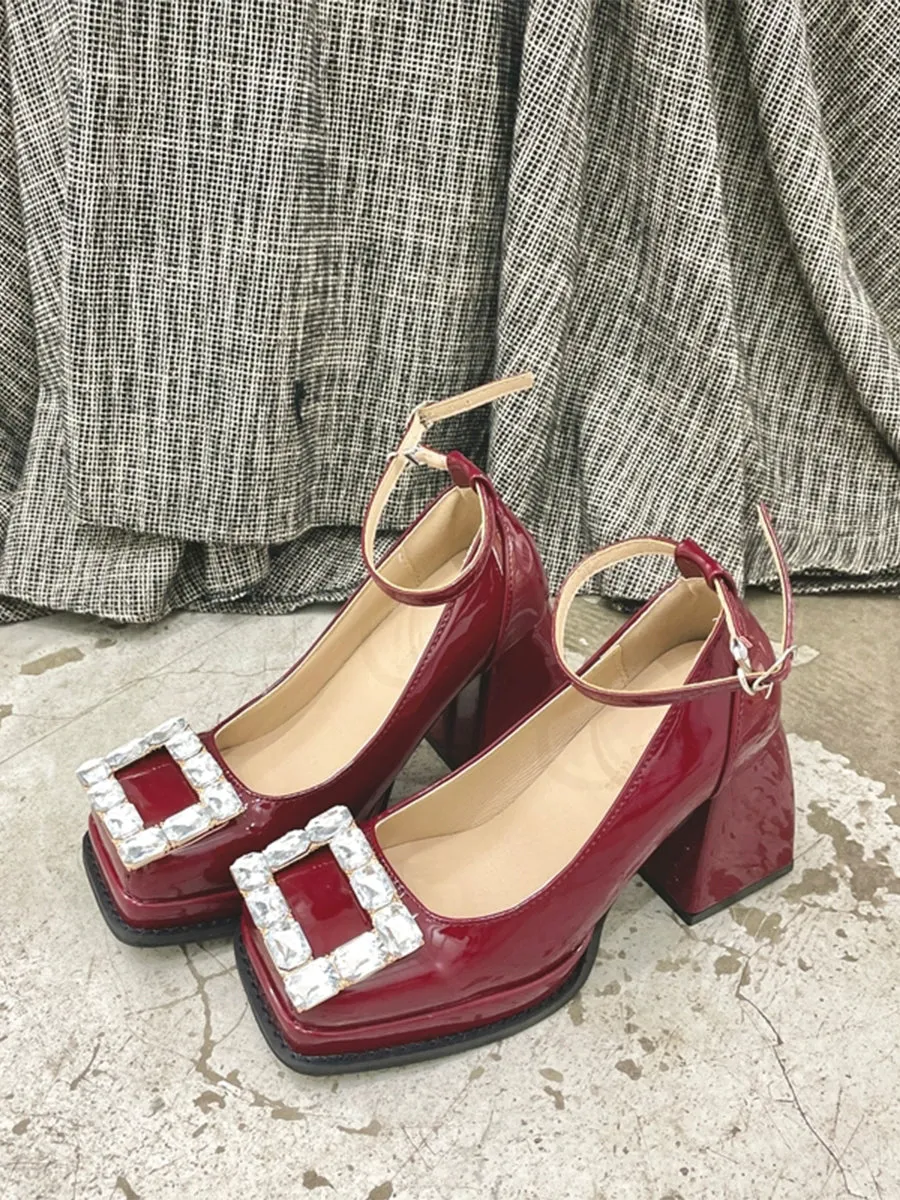 Light Crystal Embellished Square Toe Mary Jane Heels Shoes