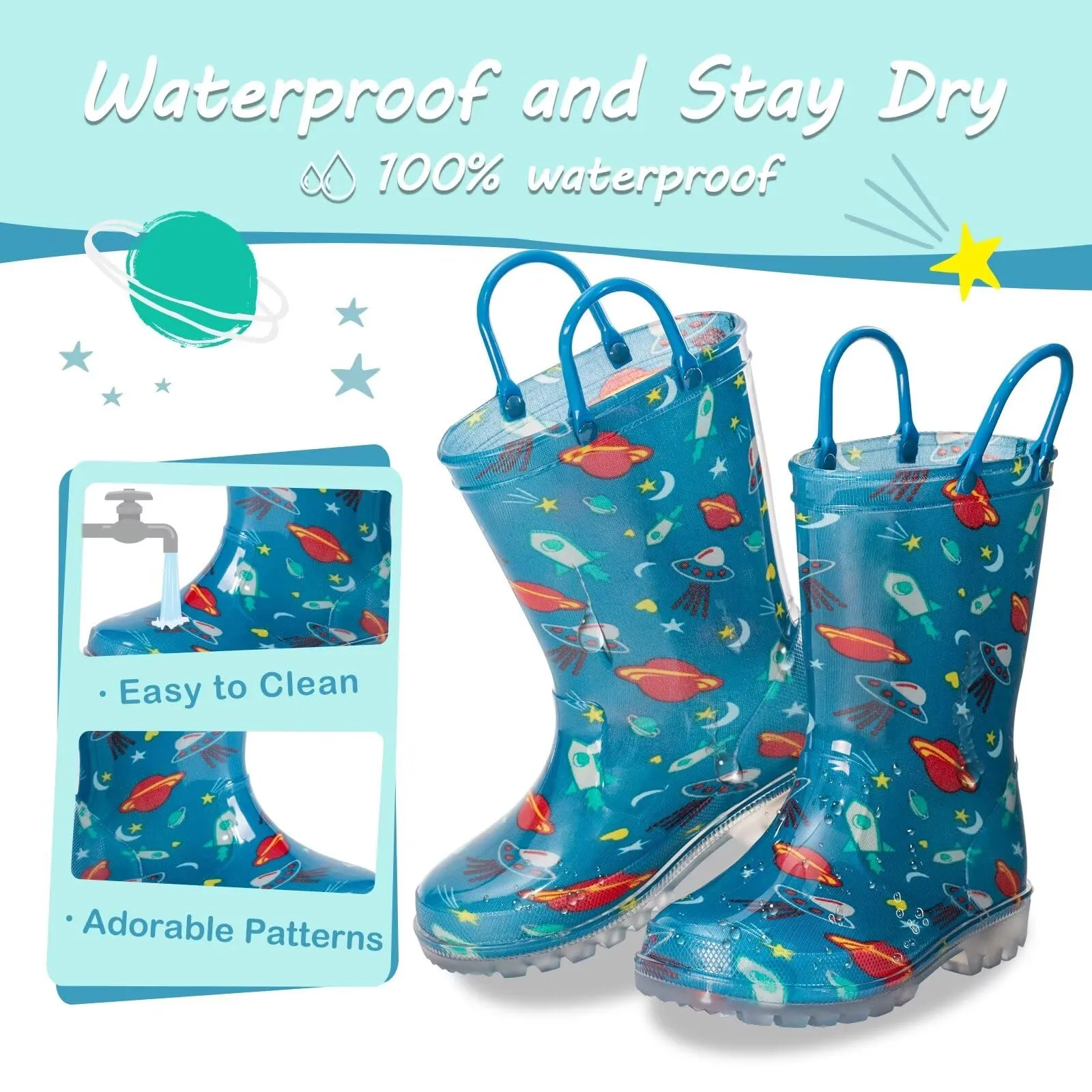 Light Up Kids Rain Boots, Waterproof, Size 5