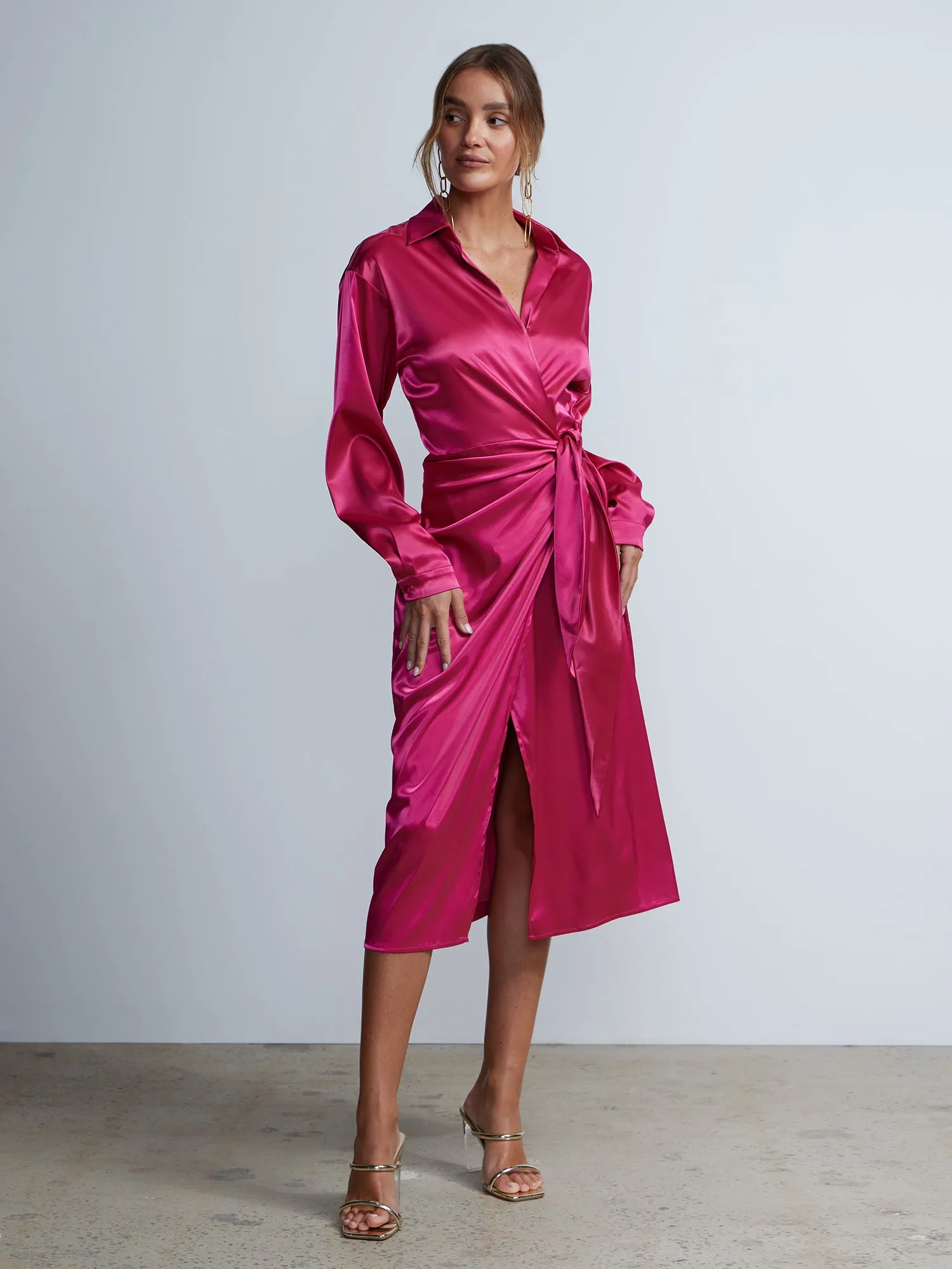 Satin Wrap Midi Dress
