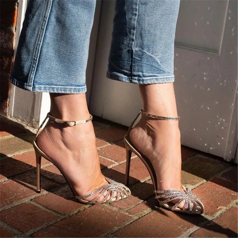 Sexy Crystal Ankle Strap High Heels Women Caged Sandals