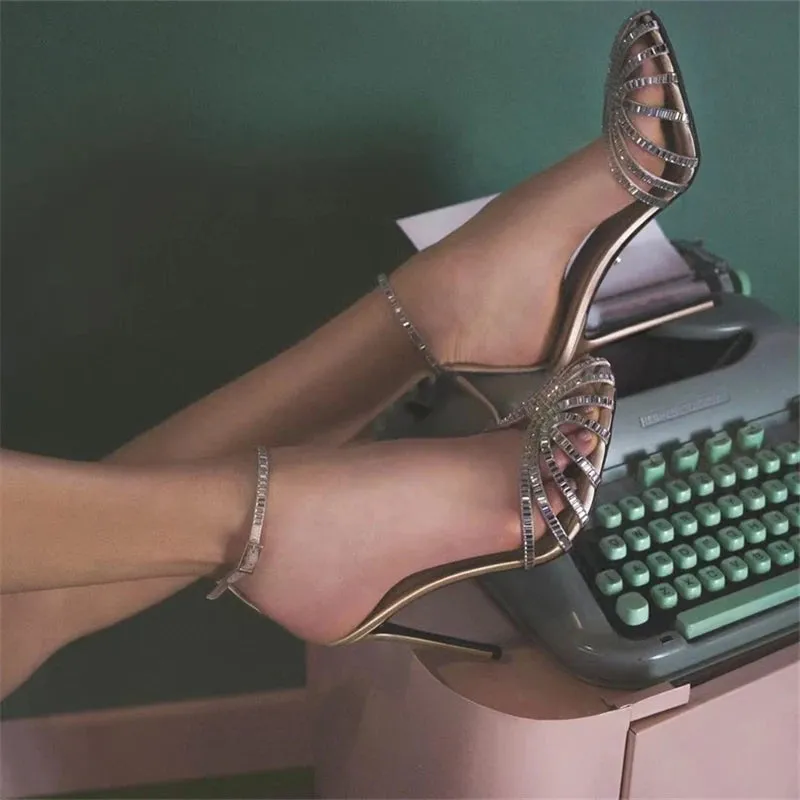 Sexy Crystal Ankle Strap High Heels Women Caged Sandals