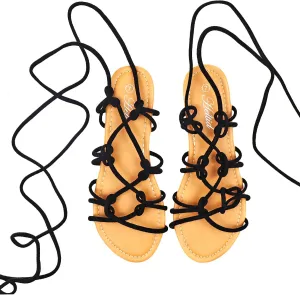 Women's Open Toe Lace Up Gladiator Flat SandalsSlip on Roman Sandals